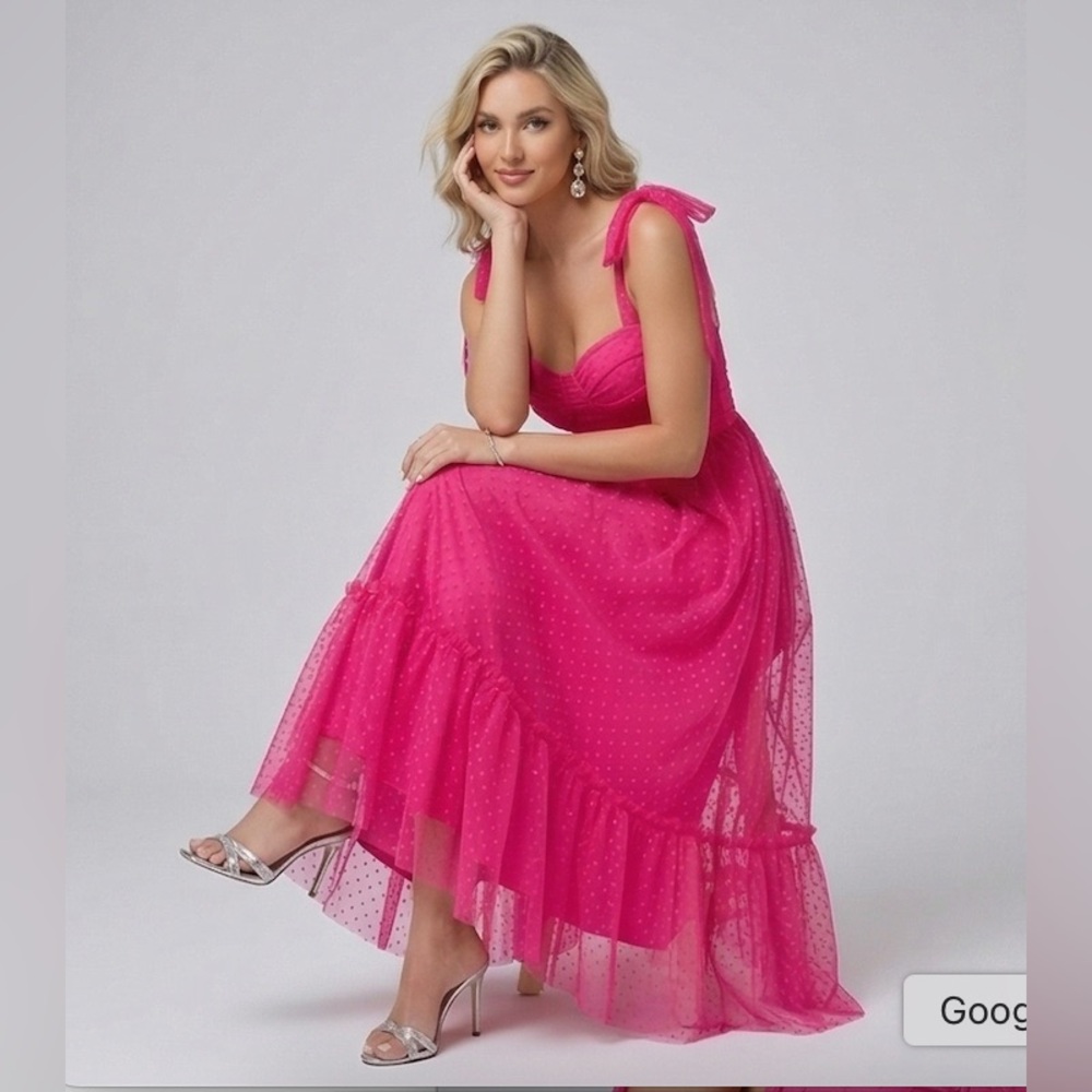 Hot Pink Swiss Dot Tulle Midi Dress with Tie-Shoulder Straps - Picture 7 of 10